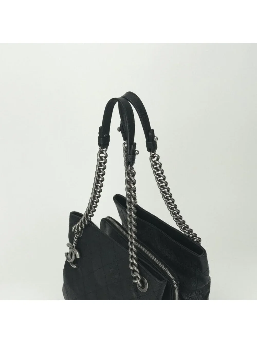 Chanel Quilted Tote Shoulder Bag Caviar Leather Black Silver Chain